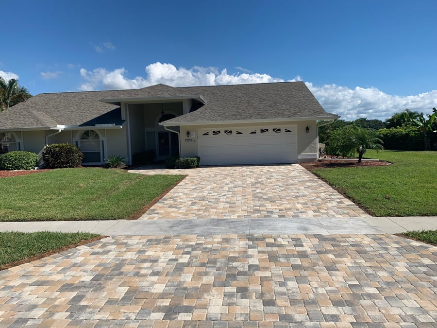 Tumbled blend paver driveway with apron and walkway
