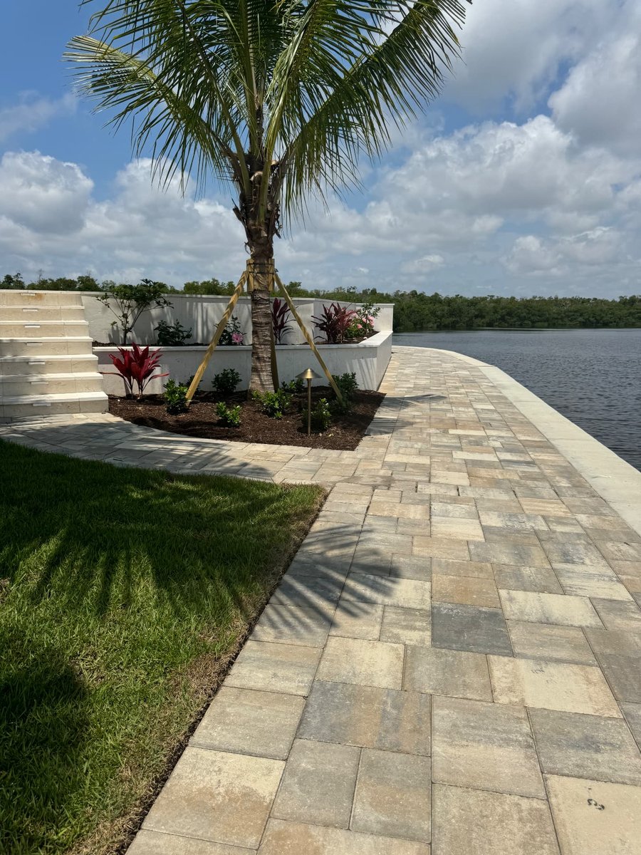 Lakeside paver walkway with large steps, palm and planting beds