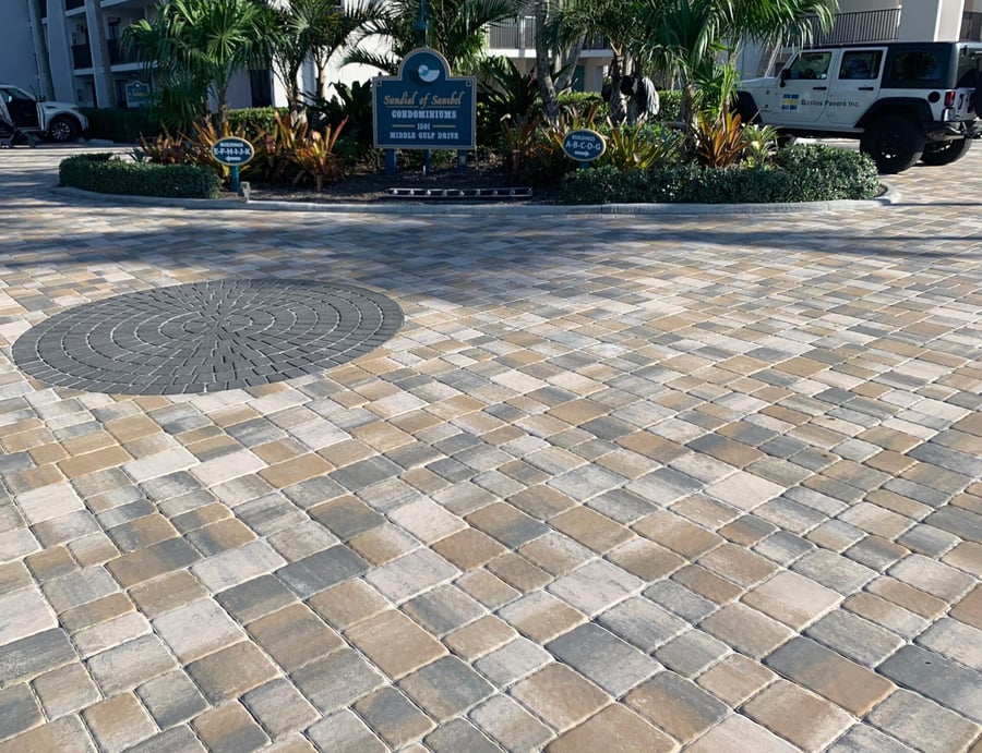 Condominium motor court with circular paver medallion