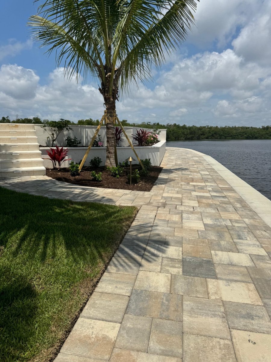 Riverfront paver walkway with white seat wall planter and palm