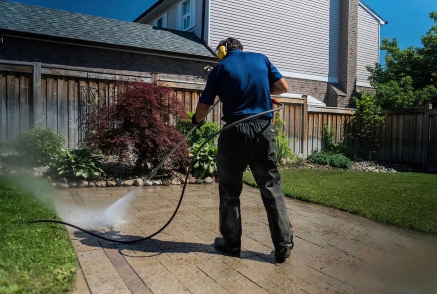 Crew pressure washing a backyard paver patio