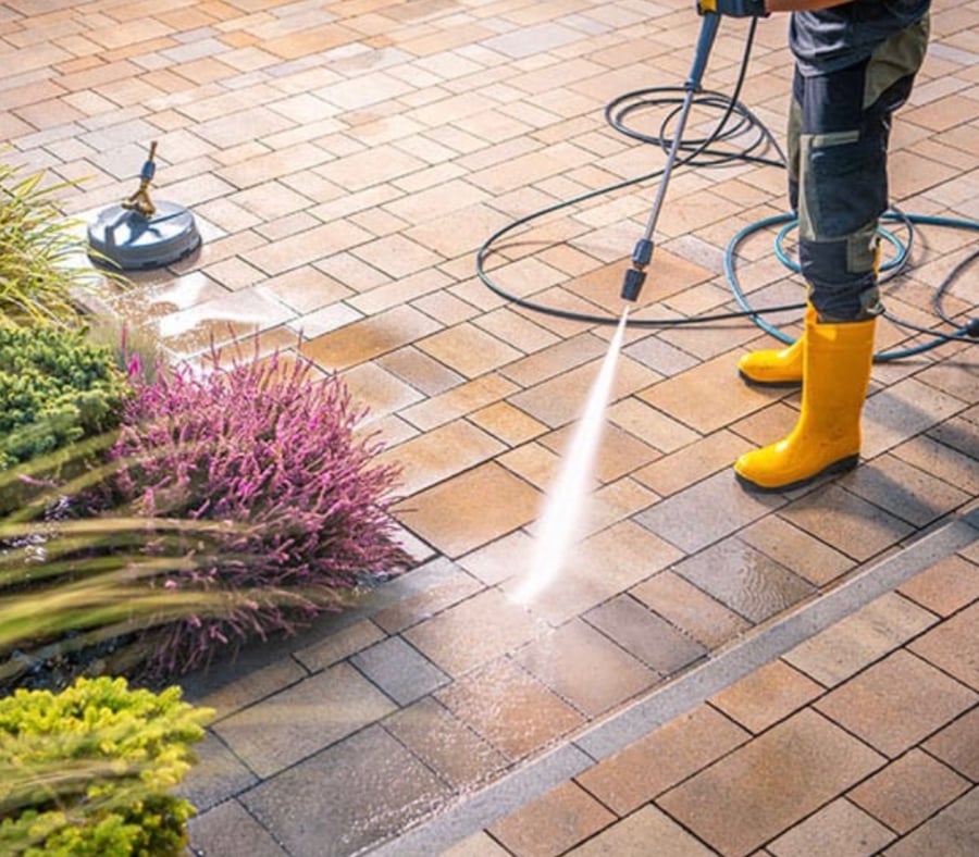 Technician pressure washing a paver walkway and driveway